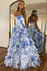 Strapless Corset Ruffles Floral Chiffon A-Line Long Prom Dresses with Front Split