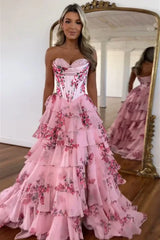 Strapless Corset Ruffles Floral Chiffon A-Line Long Prom Dresses with Front Split