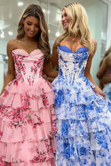 Strapless Corset Ruffles Floral Chiffon A-Line Long Prom Dresses with Front Split