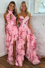 Strapless Corset Ruffles Floral Chiffon A-Line Long Prom Dresses with Front Split