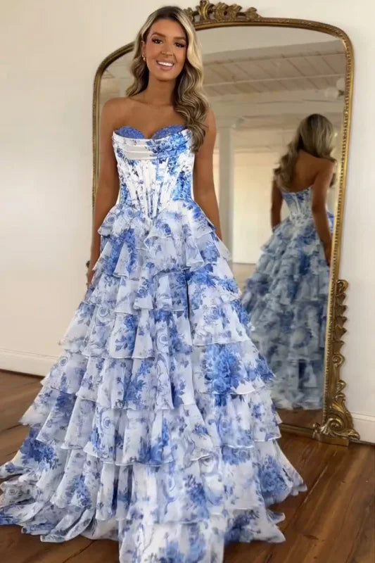 Strapless Corset Ruffles Floral Chiffon A-Line Long Prom Dresses with Front Split
