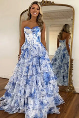 Strapless Corset Ruffles Floral Chiffon A-Line Long Prom Dresses with Front Split