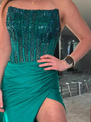 Strapless Satin Mermaid Prom Dress 2025 with Slit & Beaded Boned Bodice  – FD5031