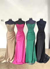 Strapless Satin Mermaid Prom Dress 2025 with Slit & Beaded Boned Bodice  – FD5031B