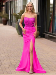 Strapless Satin Mermaid Prom Dress 2025 with Slit & Beaded Boned Bodice  – FD5044