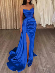 Strapless Satin Mermaid Prom Dress 2025 with Slit & Overskirt – FD5001