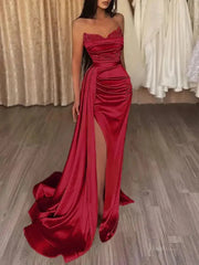 Strapless Satin Mermaid Prom Dress 2025 with Slit & Overskirt – FD5001