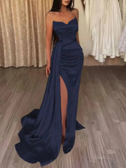 Strapless Satin Mermaid Prom Dress 2025 with Slit & Overskirt – FD5001