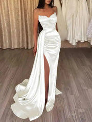 Strapless Satin Mermaid Prom Dress 2025 with Slit & Overskirt – FD5001