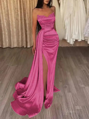 Strapless Satin Mermaid Prom Dress 2025 with Slit & Overskirt – FD5001
