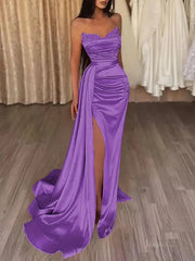 Strapless Satin Mermaid Prom Dress 2025 with Slit & Overskirt – FD5001