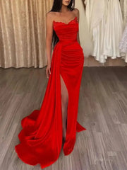 Strapless Satin Mermaid Prom Dress 2025 with Slit & Overskirt – FD5001