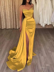 Strapless Satin Mermaid Prom Dress 2025 with Slit & Overskirt – FD5001