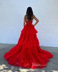 Strapless Shiny Tulle Ruffle Prom Dresses with Slit Pink Tiered Ball Gown FD2993B
