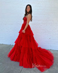 Strapless Shiny Tulle Ruffle Prom Dresses with Slit Pink Tiered Ball Gown FD2993B