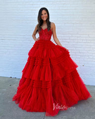 Strapless Shiny Tulle Ruffle Prom Dresses with Slit Pink Tiered Ball Gown FD2993B