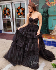 Strapless Shiny Tulle Ruffle Prom Dresses with Slit Pink Tiered Ball Gown FD2993B
