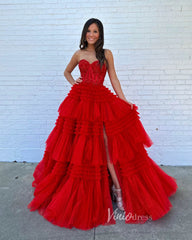 Strapless Shiny Tulle Ruffle Prom Dresses with Slit Pink Tiered Ball Gown FD2993B