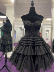 Robes de bal en dentelle rose noir sans bretelles, robes de retour formelles en dentelle courte