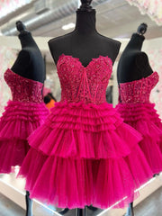 Robes de bal en dentelle rose noir sans bretelles, robes de retour formelles en dentelle courte