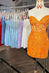 Strapless Short Yellow Lace Prom Dresses, Short Yellow Lace Formal Graduation Dresses