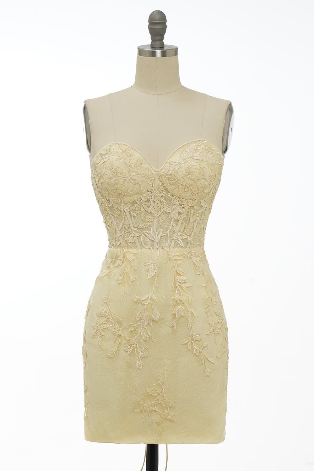 Strapless Short Yellow Lace Prom Dresses, Short Yellow Lace Formal Graduation Dresses