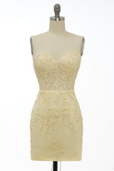Strapless Short Yellow Lace Prom Dresses, Short Yellow Lace Formal Graduation Dresses