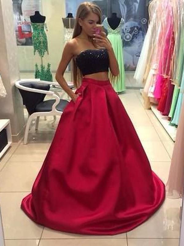 Strapless Sleeveless Tulle Floor-Length With Beading Two Piece Dresses