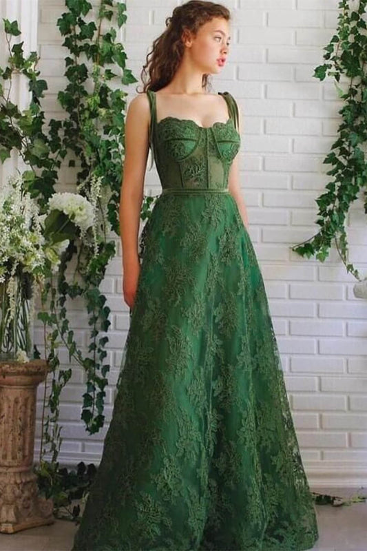 Strapless Spaghetti-Straps Evening Dress With Appliques A-Line Emerald Green