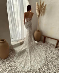 Strapless Sparkly Lace Mermaid Wedding Dresses Nude Boho Bridal Gown AW1031