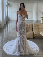 Strapless Sparkly Lace Mermaid Wedding Dresses Nude Boho Bridal Gown AW1031