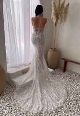 Strapless Sparkly Lace Mermaid Wedding Dresses Nude Boho Bridal Gown AW1031