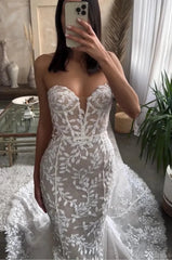 Strapless Sparkly Lace Mermaid Wedding Dresses Nude Boho Bridal Gown AW1031