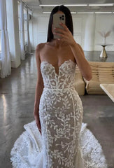 Strapless Sparkly Lace Mermaid Wedding Dresses Nude Boho Bridal Gown AW1031