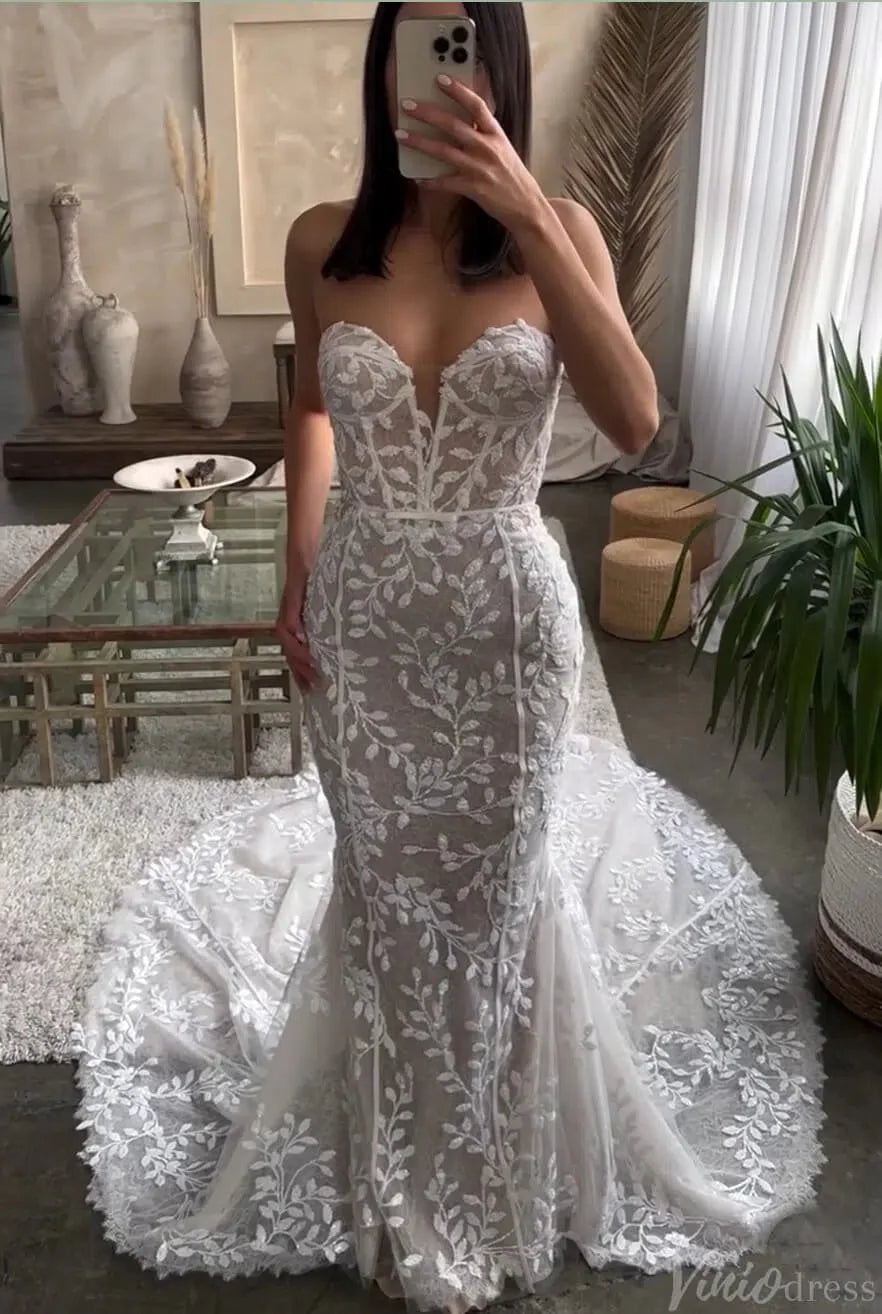 Strapless Sparkly Lace Mermaid Wedding Dresses Nude Boho Bridal Gown AW1031