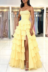 Strapless Sweetheart Corset Aline Evening Dress Chiffon Side Split Prom Dress