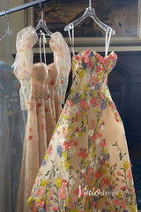 Strapless Tea Length Floral Prom Dresses with Crystals FD1353