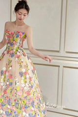 Strapless Tea Length Floral Prom Dresses with Crystals FD1353