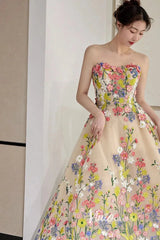 Strapless Tea Length Floral Prom Dresses with Crystals FD1353