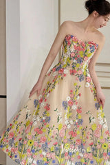 Strapless Tea Length Floral Prom Dresses with Crystals FD1353