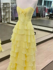 Strapless Tiered Chiffon Prom Dresses with Slit & Sweetheart Neck Pleated Bodice - FD3754