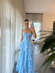 Strapless Tiered Chiffon Prom Dresses with Slit & Sweetheart Neck Pleated Bodice - FD3754