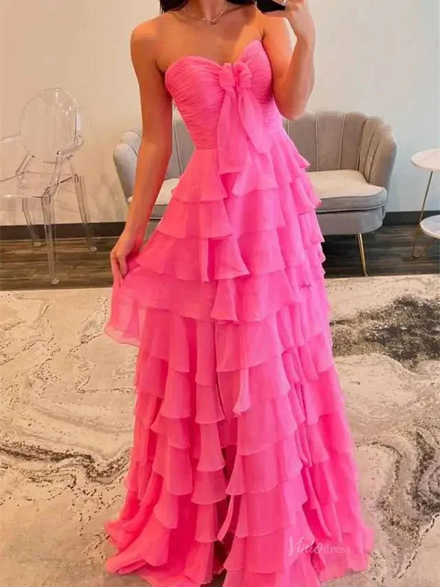 Strapless Tiered Chiffon Prom Dresses with Slit & Sweetheart Neck Pleated Bodice - FD3754