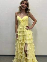 Strapless Tiered Chiffon Prom Dresses with Slit & Sweetheart Neck Pleated Bodice - FD3754