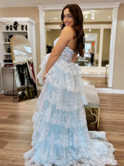 Strapless Tiered Prom Dresses with Slit Lace Applique Formal Dresses - FD3636s