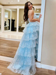Strapless Tiered Prom Dresses with Slit Lace Applique Formal Dresses - FD3636s