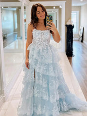 Strapless Tiered Prom Dresses with Slit Lace Applique Formal Dresses - FD3636s