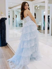 Strapless Tiered Prom Dresses with Slit Lace Applique Formal Dresses - FD3636s