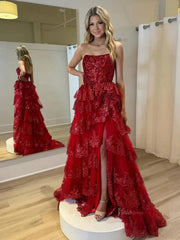 Strapless Tiered Prom Dresses with Slit Lace Applique Formal Dresses - FD3636s