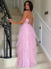 Strapless Tiered Prom Dresses with Slit Sheer Lace Bodice Formal Dresses - FD3715